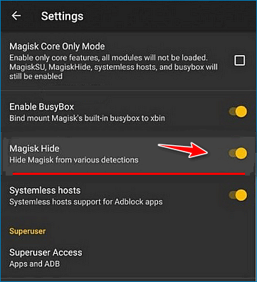 Активация опции Magisk Hide Android Pay
