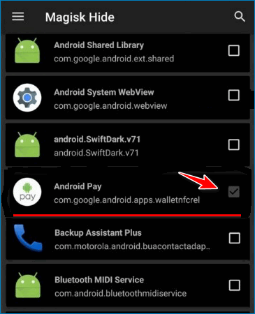 Выбор Android Pay в Magisk