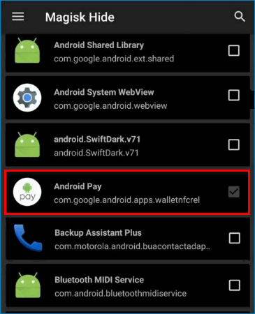 Выбор Android Pay в меню Magisk Hide