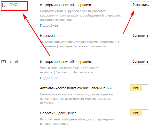 СМС-Информирование в Яндекс Деньги